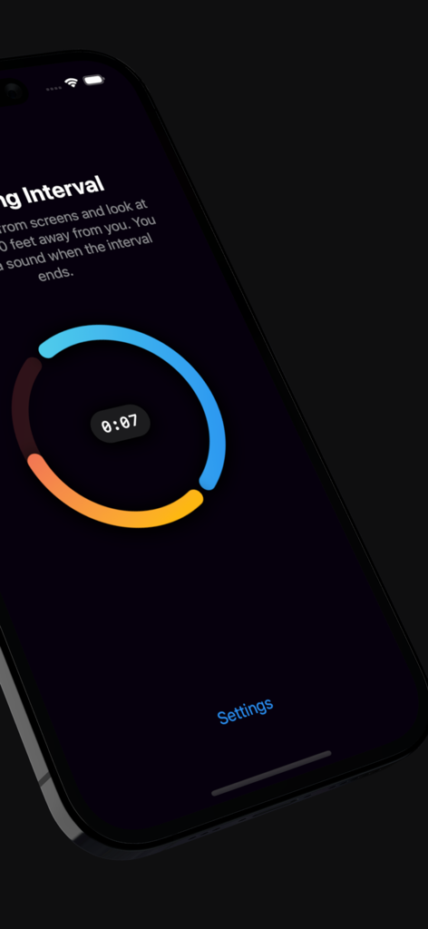 Rest Your Eyes - Breaks - iPhone interface of the Rest Your Eyes app showing a minimalist circular break timer and eye-care instructions