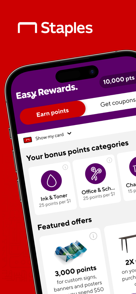 La pantalla de la app móvil de Staples mostrando el panel de Easy Rewards con puntos extra para tinta y suministros de oficina