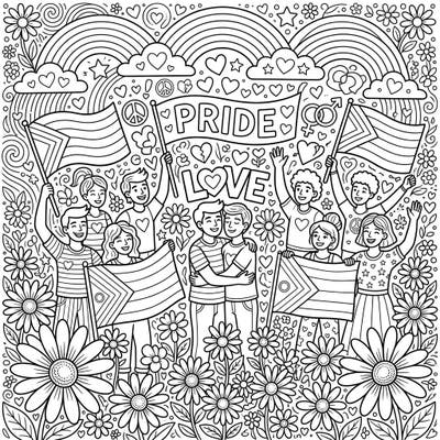 Embrace the spirit of love and diversity with this beautiful coloring page, combining delicate white daisies with a vibrant Pride celebration. Perfect for all ages, it invites you to color a scene filled with joyful people, rainbows, and meaningful symbols.