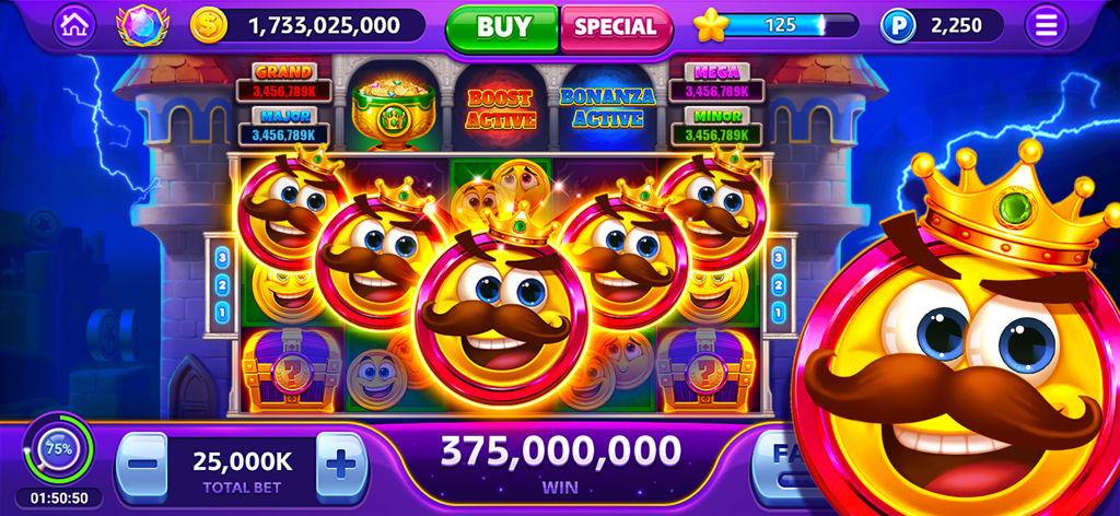 Vegas Craze Casino - Vegas Craze Casino gameplay screen showing a 375 million coin win with king emoji symbols and a castle background