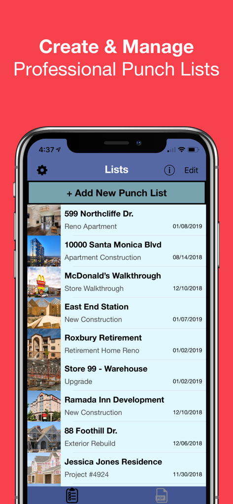 Punch List & Site Audit Report - Smartphone screen displaying a list of construction projects and site audits in the Punch List app.