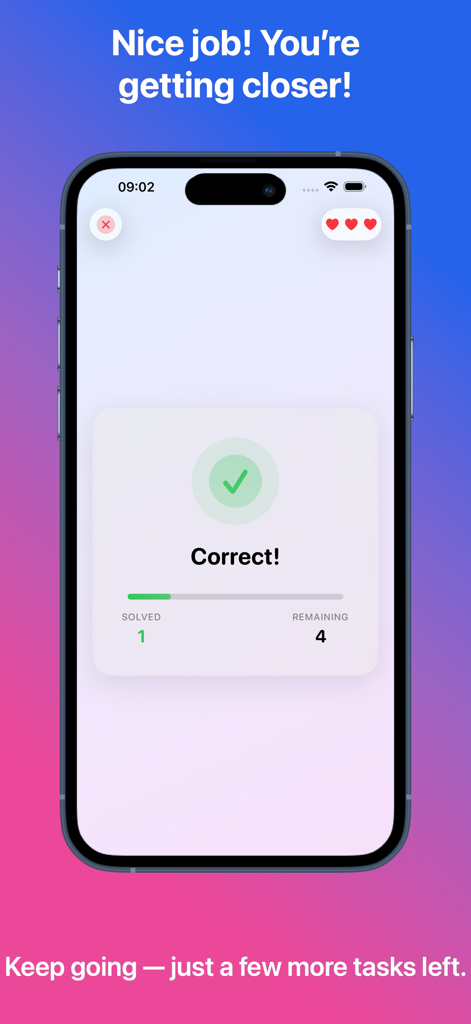 AddiGo app showing a correct answer message and task progress