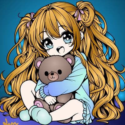 manga girl, long curly hair, happy, cuddling a teddy bear