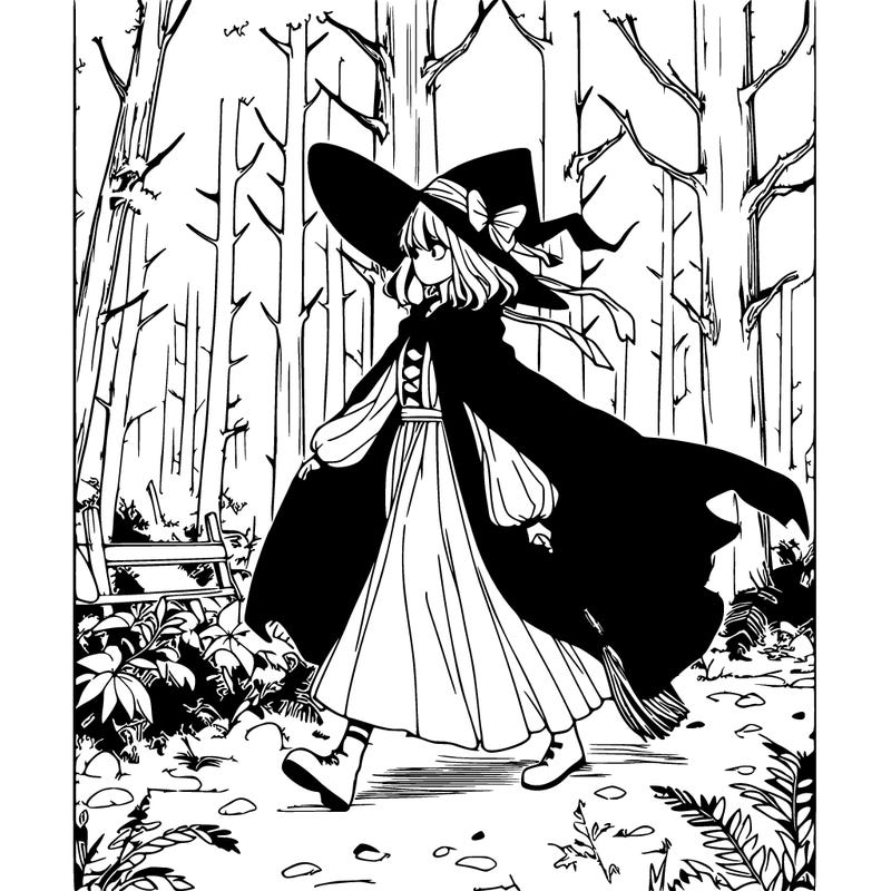 a realistic manga witch walking in a deep forest