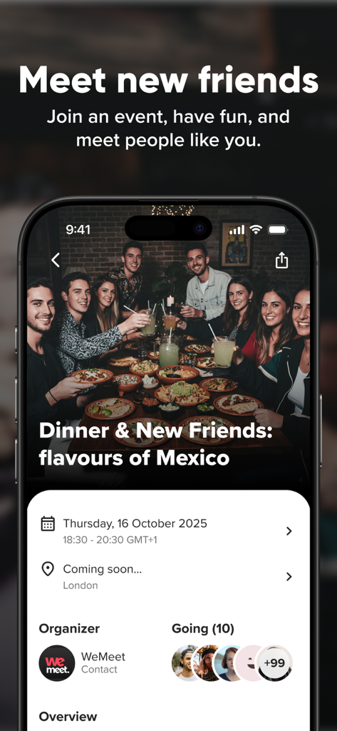 WeMeet app screenshot of a social dinner event to meet new friends