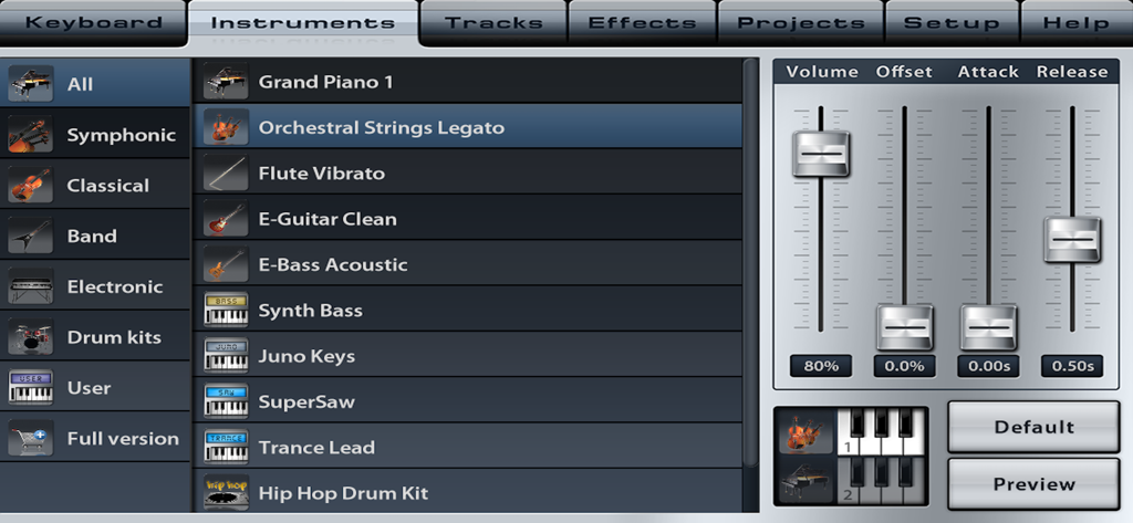Music Studio Lite instrument selection menu with sound parameter sliders for volume, attack, and release.