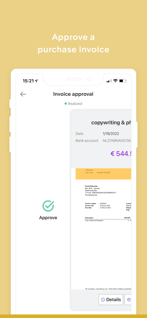 Exact Online - Interface de l'application Exact Online pour approuver une facture d'achat avec un aperçu du document numérique et un bouton d'approbation