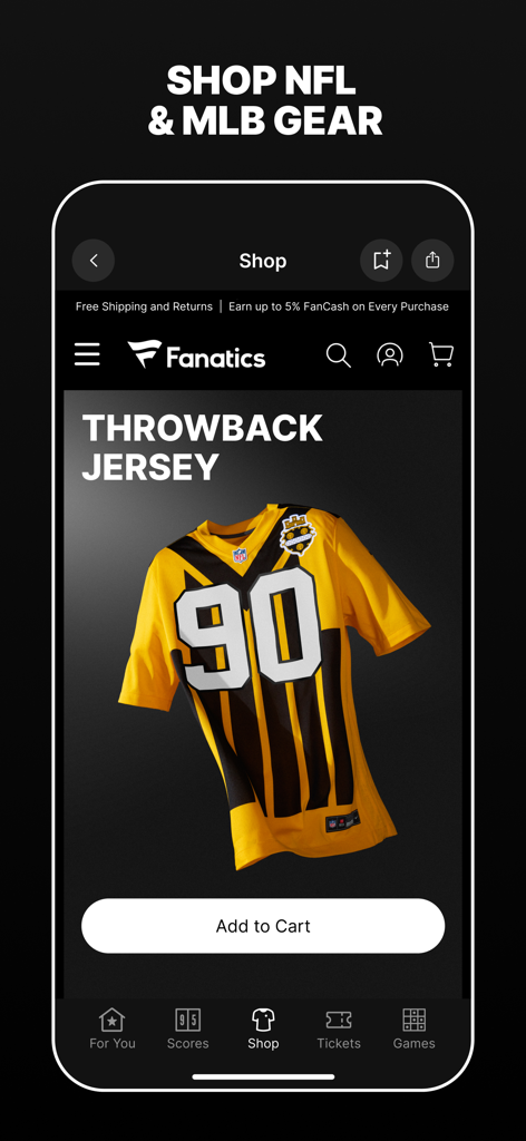 Fanatics app interface showing a throwback Pittsburgh Steelers NFL jersey with an add to cart button