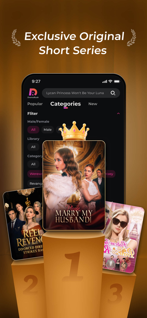 DramaRush app interface showcasing a top three ranking of exclusive original short series on a golden podium.