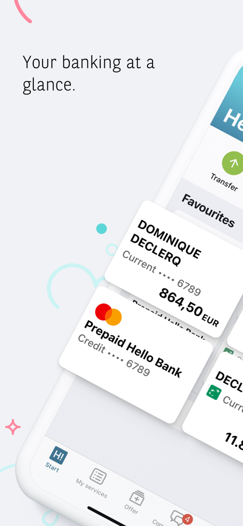 Interface de l'application Hello bank! Belgique montrant le solde du compte courant et les détails de la carte prépayée