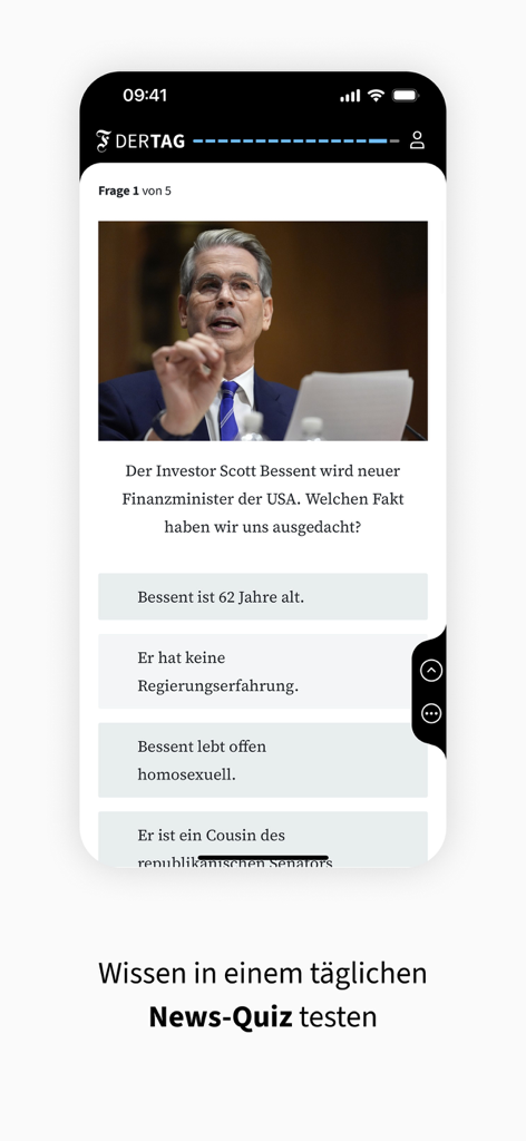 F.A.Z. Der Tag - Nachrichten - Daily news quiz interface on the FAZ Der Tag mobile app