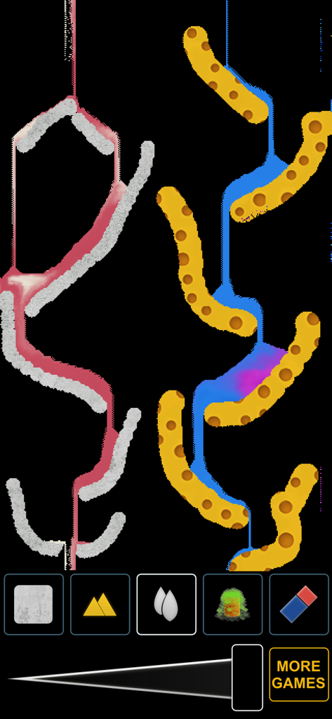 Sand in a Box: Magic Pixel Art - A creative physics simulation showing falling sand and colorful fluid interacting with structures in a pixel art sandbox.