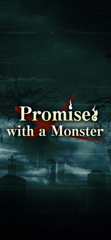 Promise with a Monster - Title screen of the game Promise with a Monster showing a spooky graveyard with tombstones and fog at night