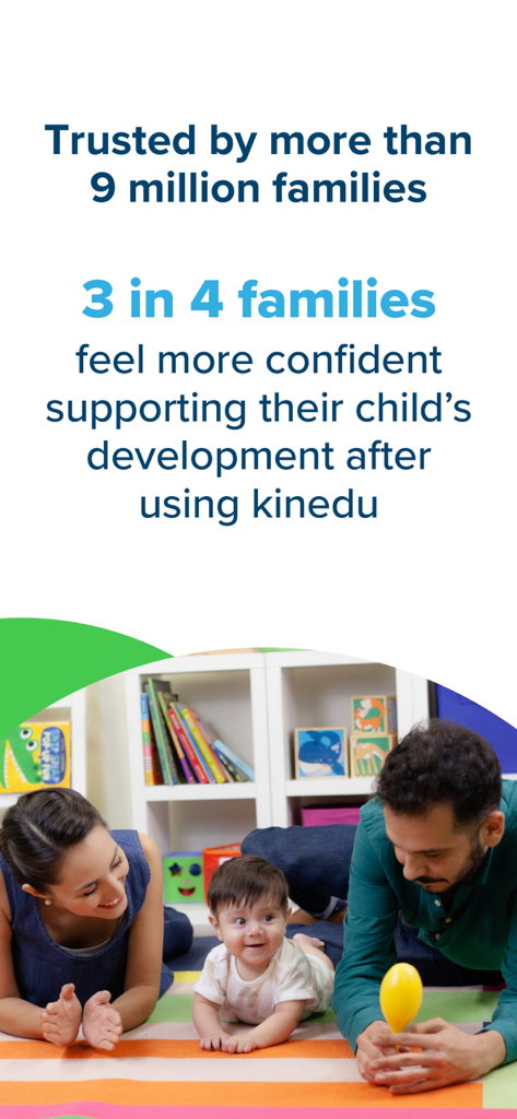 Parents playing with their baby on a colorful mat with text about Kinedu being trusted by 9 million families.