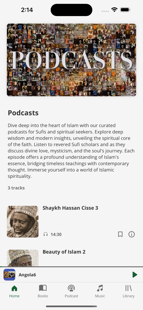 Interfaz de podcasts de la aplicación Fayda Digital que muestra pistas espirituales islámicas y eruditos sufíes.