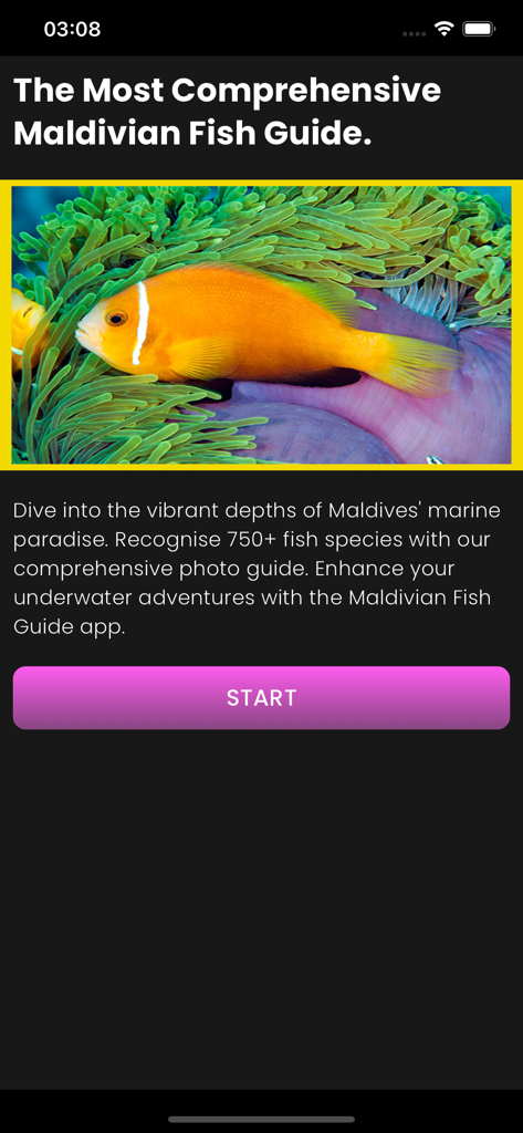 Maldivian Fish Guide - Écran d'introduction de l'application Maldivian Fish Guide présentant un poisson-clown orange et un bouton de démarrage.