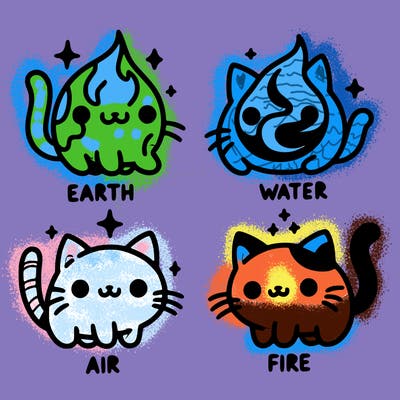 4 cats that represent the different elements, earth, water, air, and fire