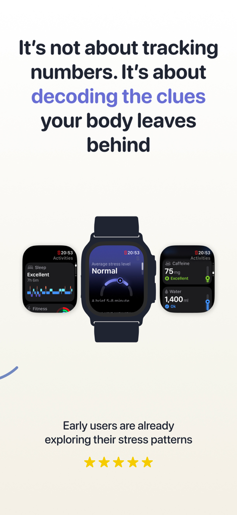 Watch Stress Monitor Harvee - Trois écrans d'Apple Watch affichant les niveaux de stress, la qualité du sommeil et les métriques de suivi de la caféine dans l'application Harvee