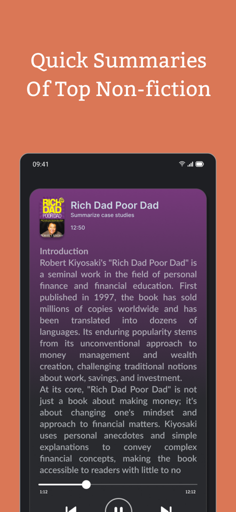 2Read: AI Kindle Reading Buddy - Pantalla móvil que muestra un resumen de texto y audio del libro Padre Rico, Padre Pobre en la aplicación 2Read
