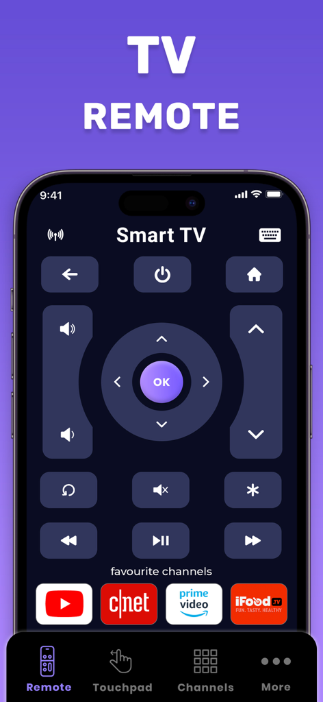 Universal TV Remote® - Universal TV Remote App-Oberfläche mit Smart-TV-Steuertasten und Favoriten-Kanal-Shortcuts auf einem iPhone
