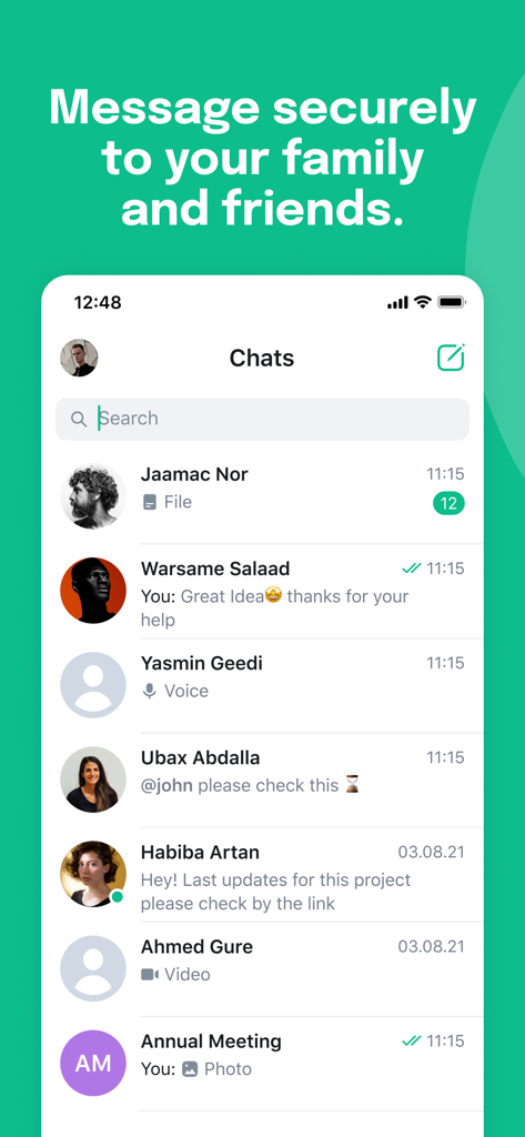 WAAFI APP - WAAFI App secure chat interface displaying a list of recent messages from family and friends.