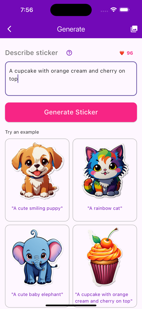Imagine AI 앱 인터페이스는 텍스트 입력과 AI 생성 동물 및 음식 스티커 예제가 포함된 스티커 생성 기능을 보여줍니다