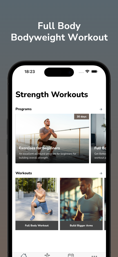 Mobile app screen showing various bodyweight strength training programs and workouts for beginners