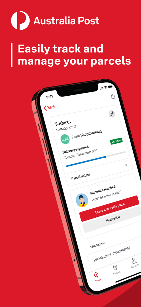 Australia Post - Australia Post mobile app interface showing parcel tracking status and delivery management options on a smartphone screen.