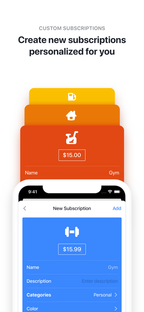 Bobby - Track subscriptions - Una pantalla móvil que muestra la interfaz para crear y personalizar una nueva suscripción al gimnasio en la aplicación Bobby.