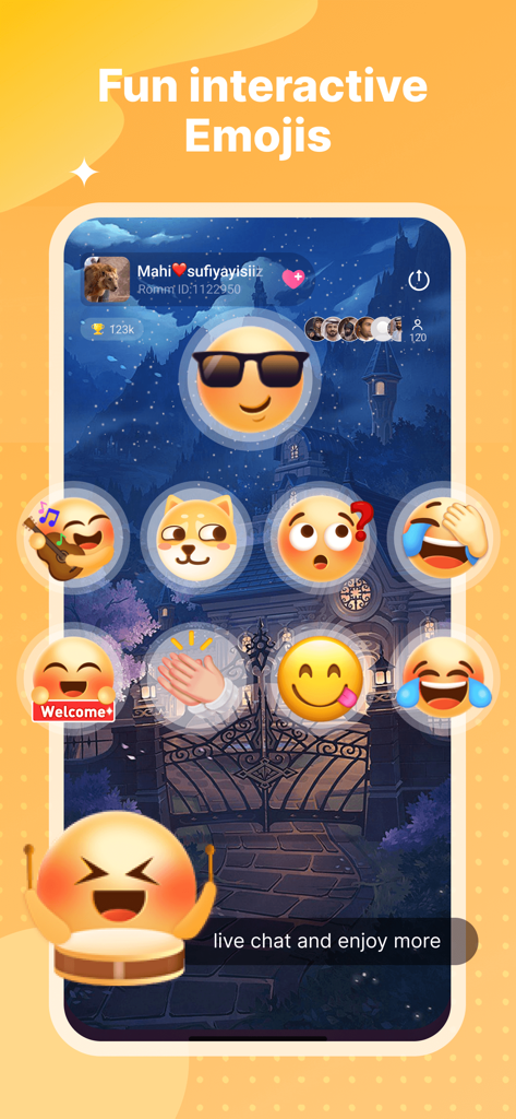Ayome voice chat interface with various fun interactive emojis