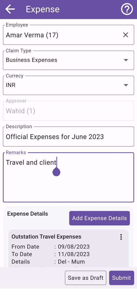 A mobile interface of EazeWork HR and Payroll app for submitting business expense claims with fields for employee name, currency, and travel details