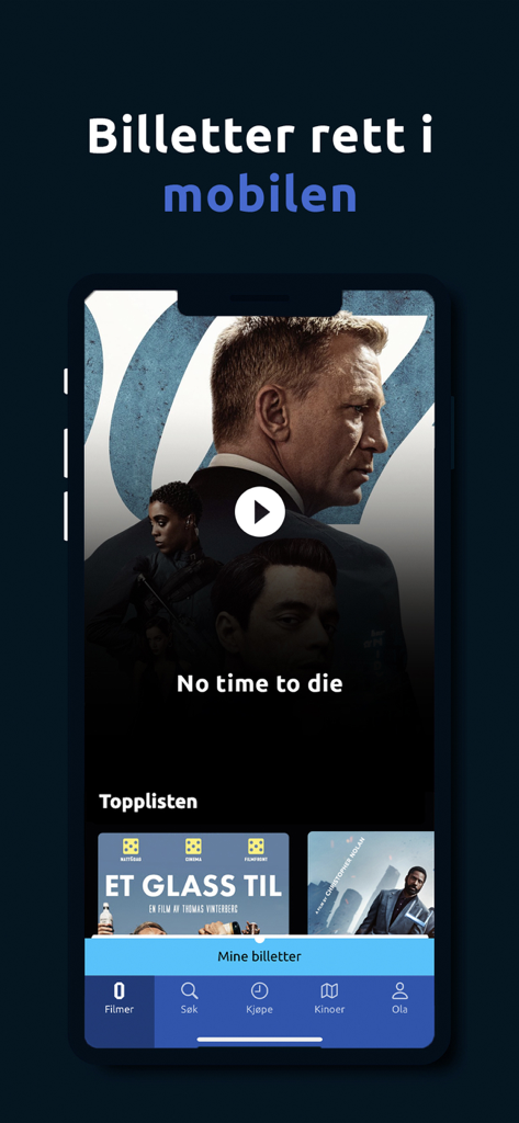 ODEON Kino - スマートフォンの画面に映画の予告編とデジタルチケットを表示しているODEON Kinoアプリのインターフェース。