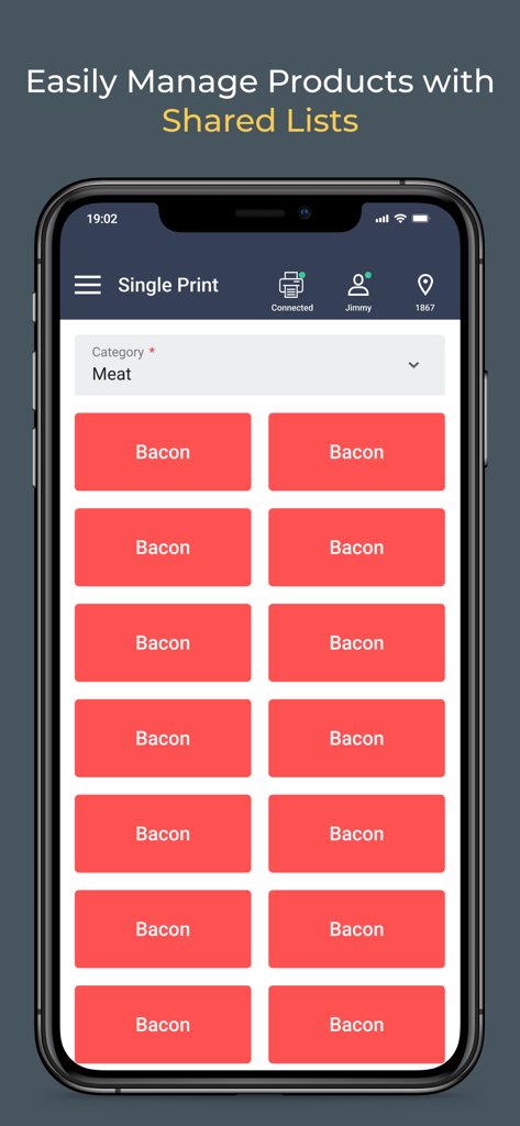 Zenput Labels mobile app interface showing a shared product list for the meat category featuring bacon items for printing
