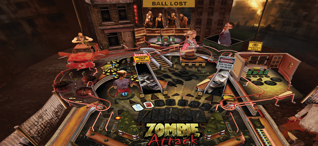 Pinball HD Collection - A realistic 3D pinball table with a Zombie Attack theme featuring various ramps and zombies