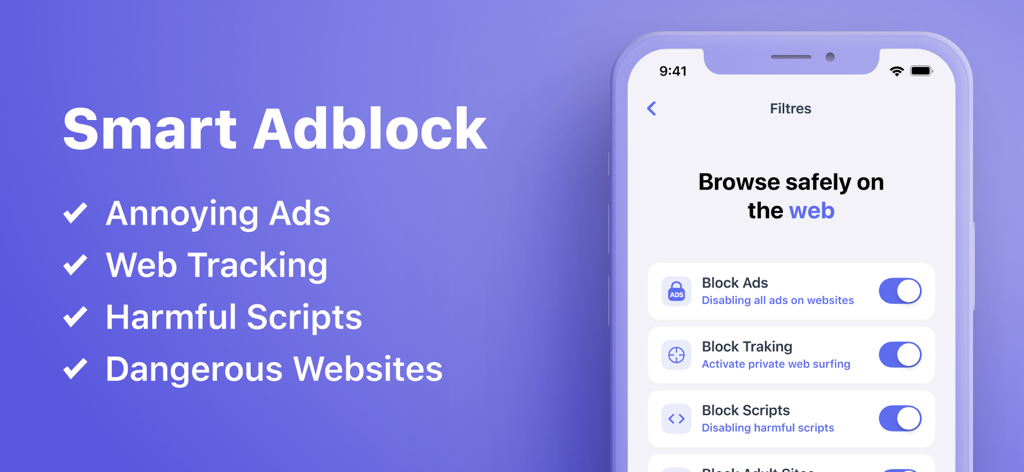 iGuard: Online Security - iGuard app interface displaying smart adblock settings for safe web browsing on an iPhone