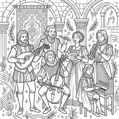 Immerse yourself in the grandeur of the Renaissance with this captivating coloring page featuring a lively ensemble of musicians. Discover a world of historical instruments and elegant period costumes, ready for your creative touch.