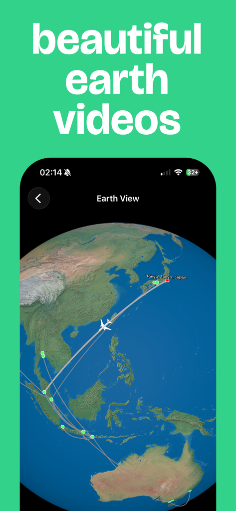TripReel: Trip Timeline Videos - Globe 3D animé montrant un itinéraire de vol pour une vidéo récapitulative de voyage dans l'application TripReel.