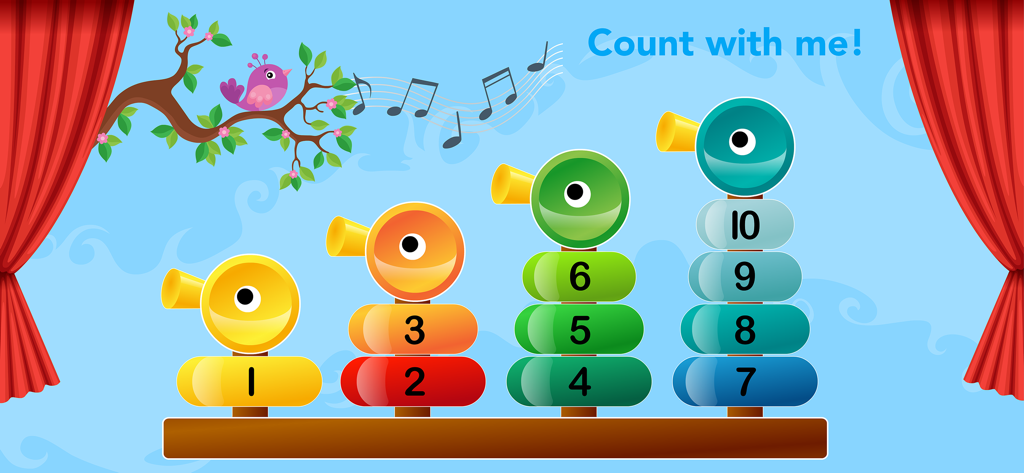 A colorful counting game for kids with numbered stacked ducks on a stage