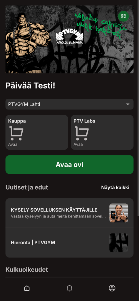 PTV Gym - PTV Gym mobile app home interface featuring the door opening button and member bulletins
