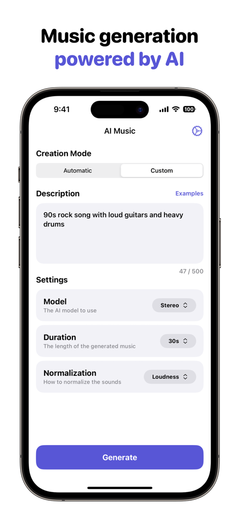 AI Music Generator, Song Maker - AI Music Generator mobile app interface showing text-to-music creation settings and a generation button.