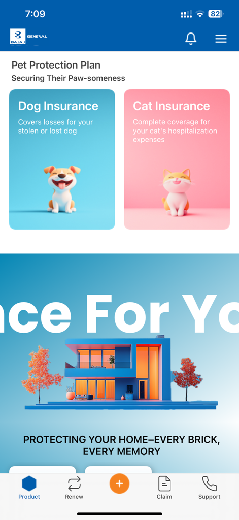 Bajaj General app interface featuring pet insurance for dogs and cats and home insurance plans