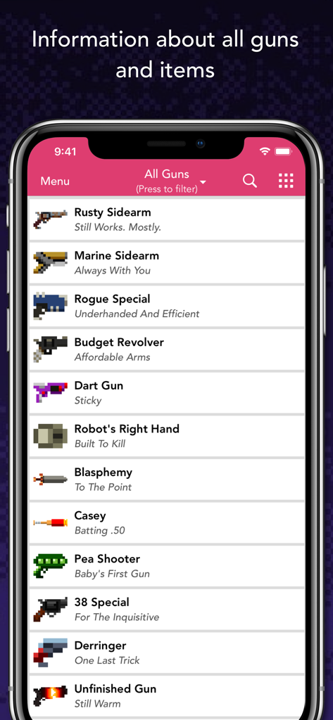 Guide for Enter the Gungeon - Mobile app screen displaying a list of guns from Enter the Gungeon with pixel art icons and descriptions.