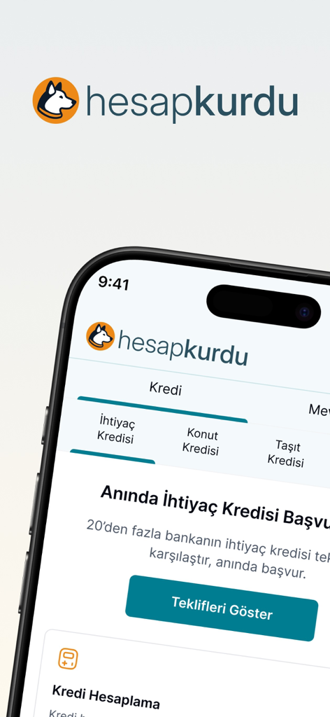 Hesapkurdu - Kıyasla, Yakala! - Mobile app interface of Hesapkurdu showing loan comparison categories for Turkish banks