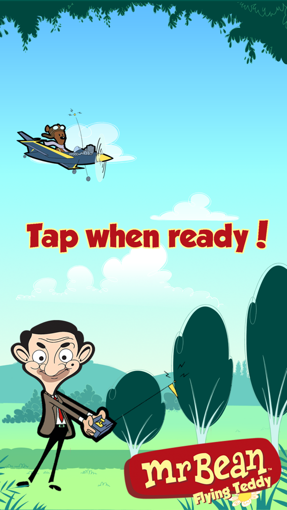 Mr Bean™ - Flying Teddy - Mr. Bean controlling Teddy in a toy airplane with a remote control on the game start screen.