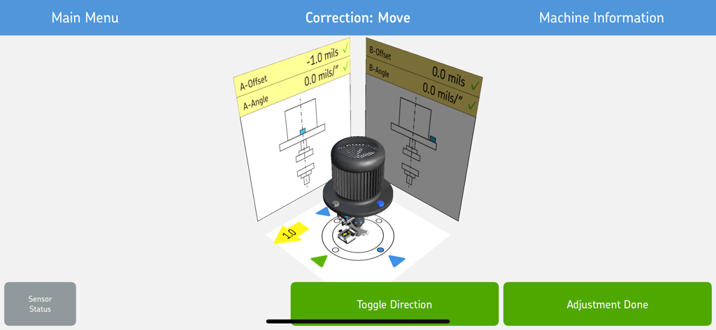 Interface showing real-time 3D vertical shaft alignment correction and machine offset data