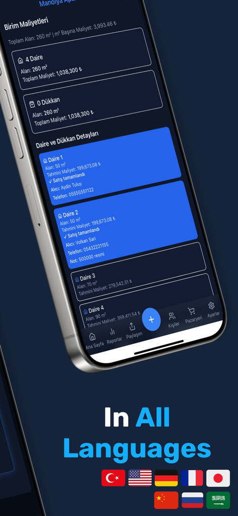 Buildfy - Buildfy Bauprojektmanagement App-Oberfläche mit Mehrsprachigkeitsunterstützung und internationalen Flaggen