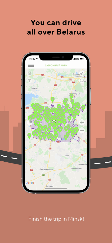 Mapa de la app móvil de carsharing Hello que muestra ubicaciones de alquiler de coches disponibles en Minsk, Bielorrusia