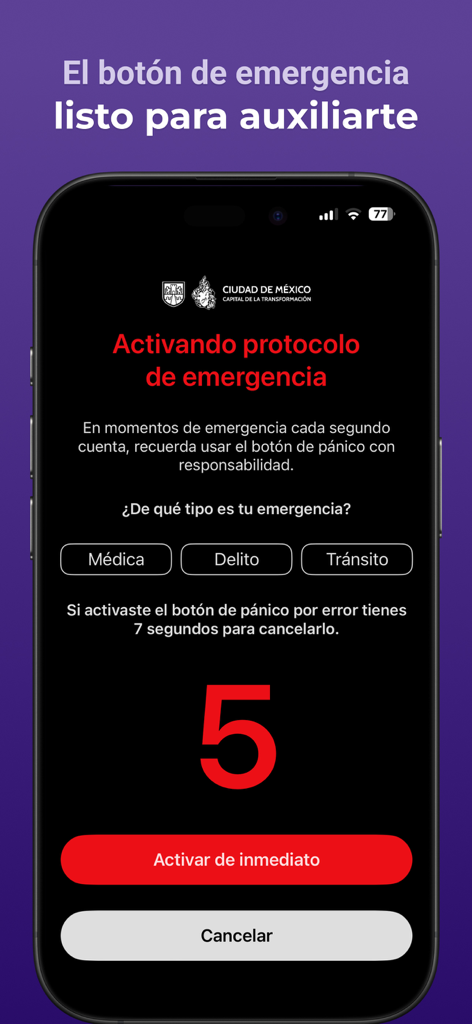 Emergency alert screen in App CDMX showing a countdown and options for medical crime or traffic assistance