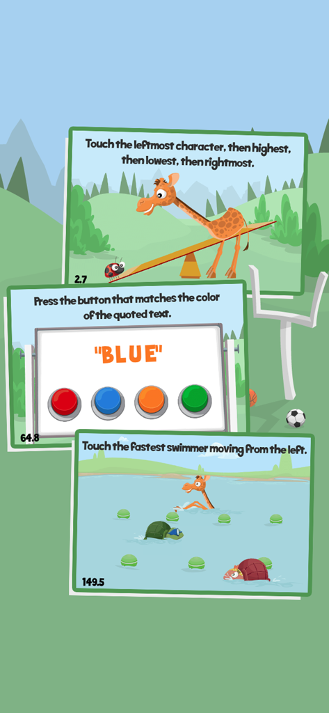 Tres pantallas diferentes de acertijos lógicos del juego móvil The Moron Test 2 con una jirafa y tareas de coincidencia de colores