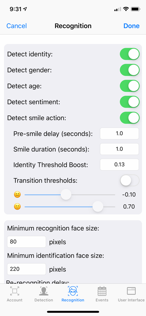 SAFR Recognition app settings screen showing facial detection and sentiment analysis parameters.